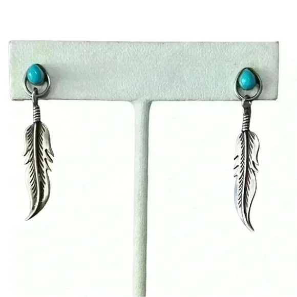 Sterling silver & turquoise feather Native American Southwestern stud dangles - Picture 1 of 3